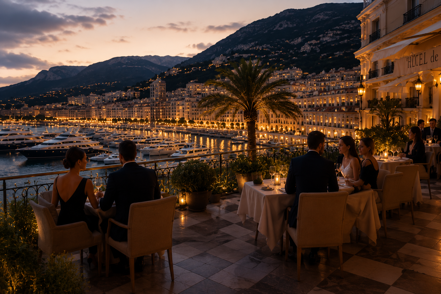 Luxury hotel terrace dining at sunset overlooking a Mediterranean harbour